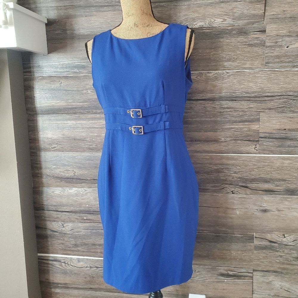 Calvin Klein Modern Atlantis Double Buckle Gold Waist Dress Cobalt Blue 10p *
